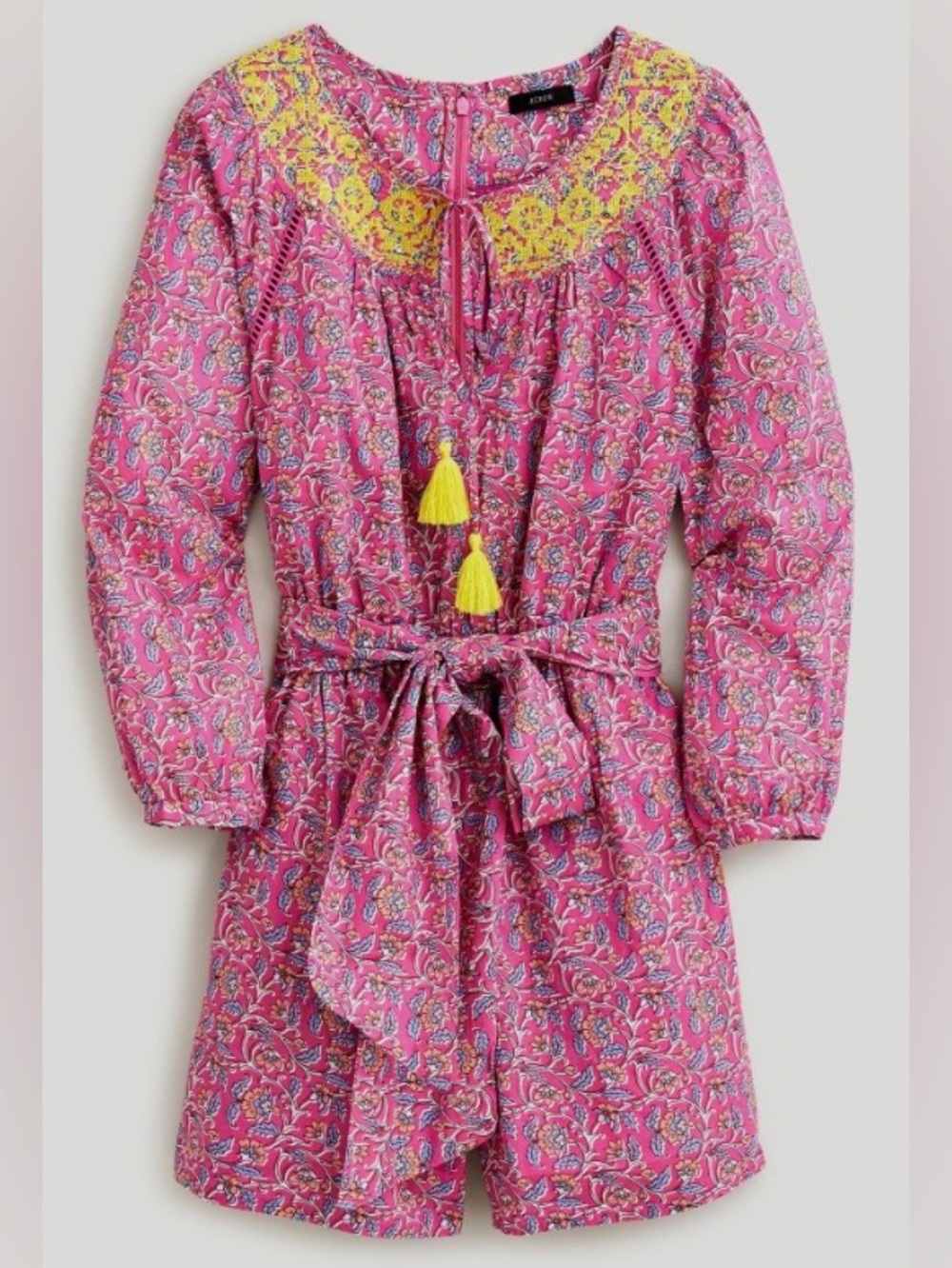 J Crew  Hot Pink Paisley Long-Sleeve Romper with Yellow Embroidered Yoke size 6